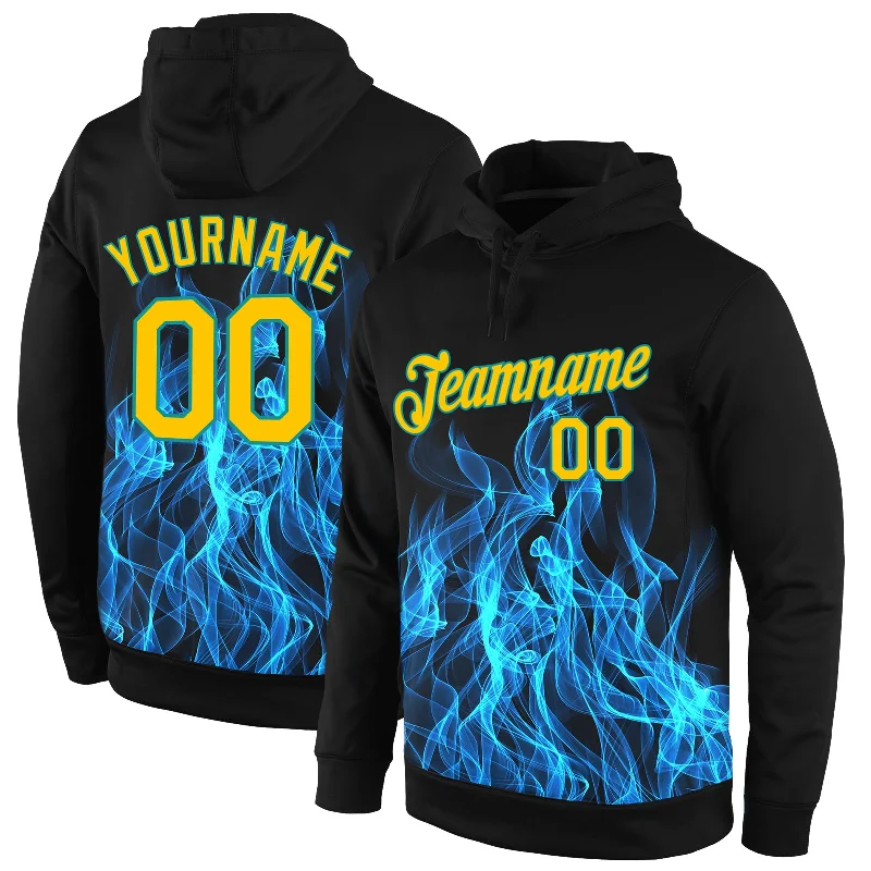 One Size Stitched Black Gold-Aqua 3D Pattern Design Flame Sports Pullover Sweatshirt Hoodie