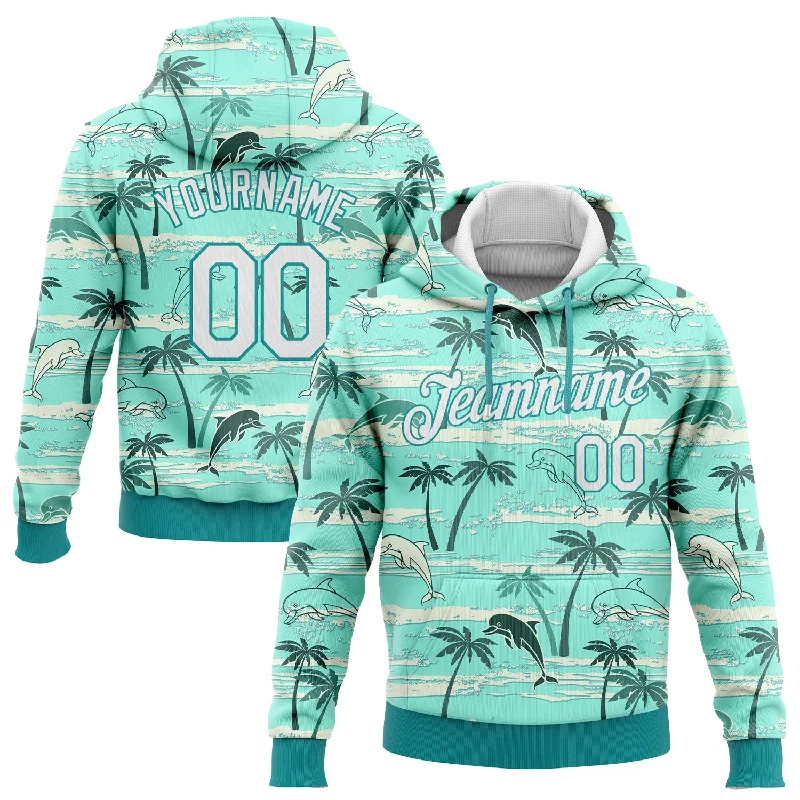 One Size Stitched Aqua White 3D Pattern Design Hawaii Palm Trees Sports Pullover Sweatshirt Hoodie