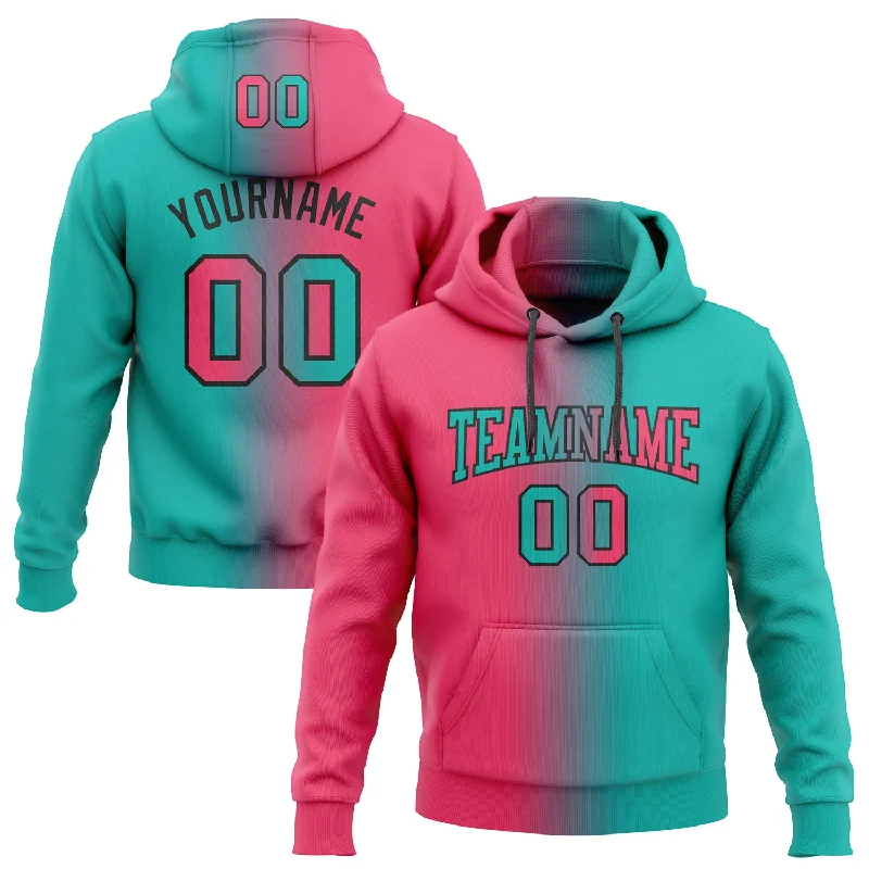 One Size Stitched Aqua Neon Pink-Black Gradient Fashion Sports Pullover Sweatshirt Hoodie