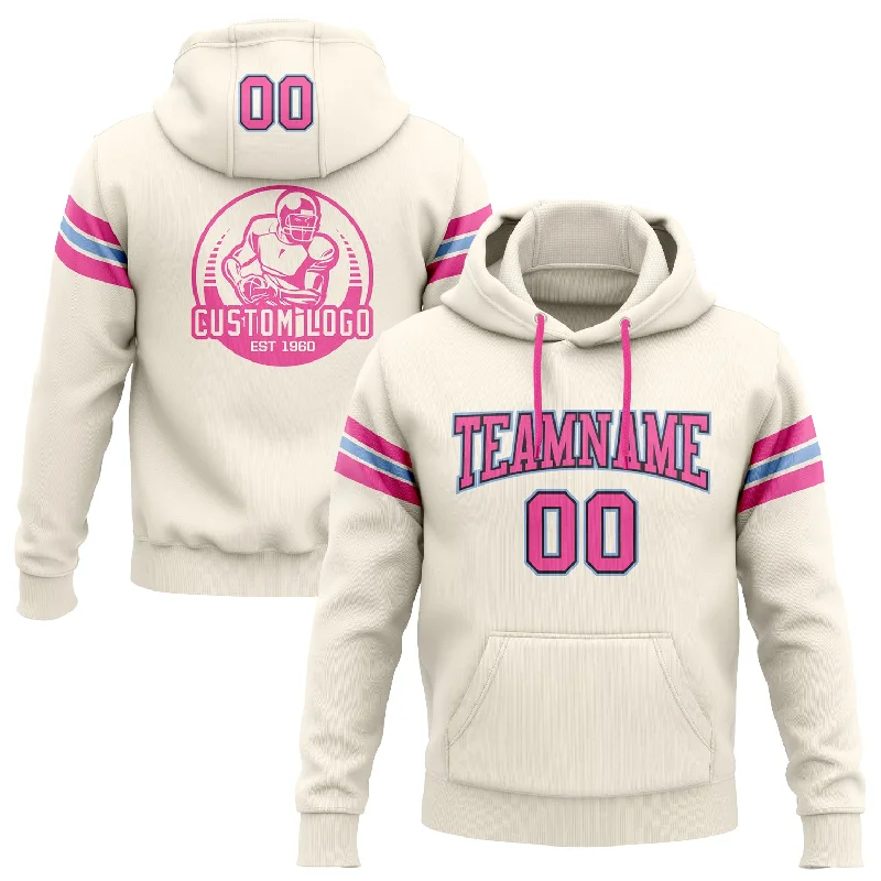 One Size Stitched Cream Pink Black-Light Blue Football Pullover Sweatshirt Hoodie