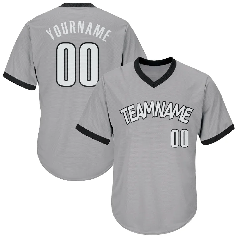 One Size Gray White-Black Authentic Throwback Rib-Knit Baseball Jersey Shirt