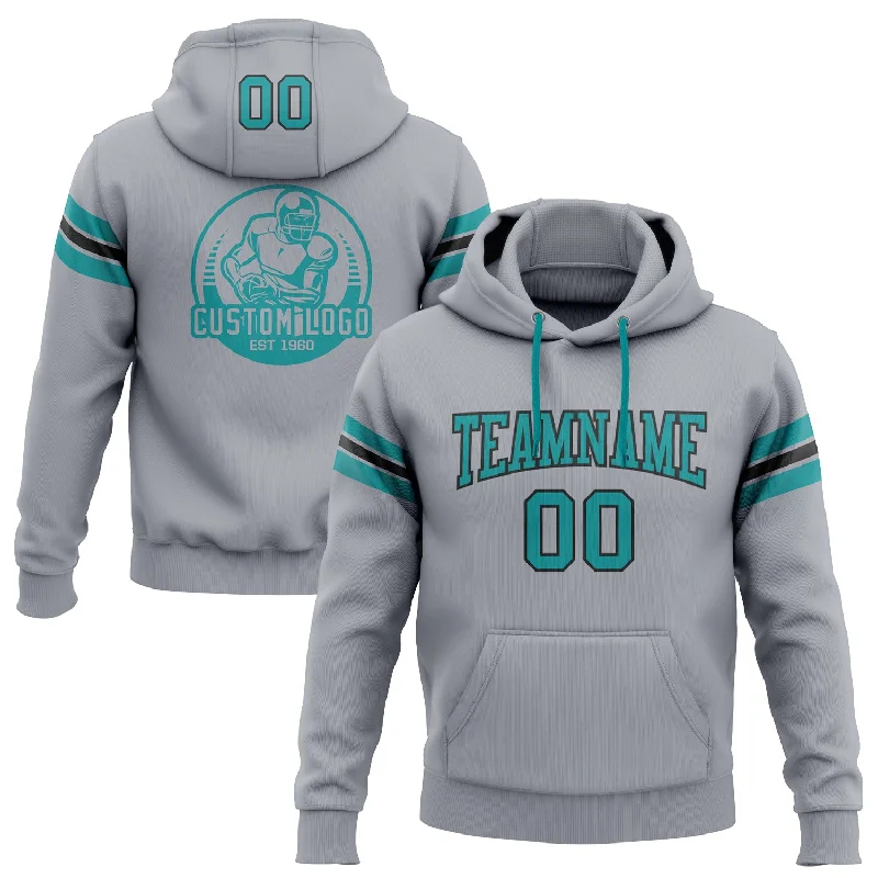 One Size Stitched Gray Teal-Black Football Pullover Sweatshirt Hoodie