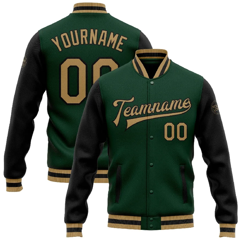 One Size Green Old Gold-Black Bomber Full-Snap Varsity Letterman Two Tone Jacket