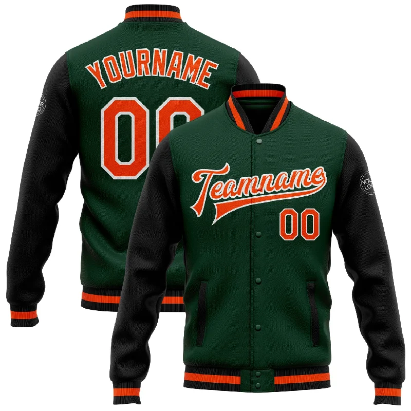 One Size Green Orange-Black Bomber Full-Snap Varsity Letterman Two Tone Jacket