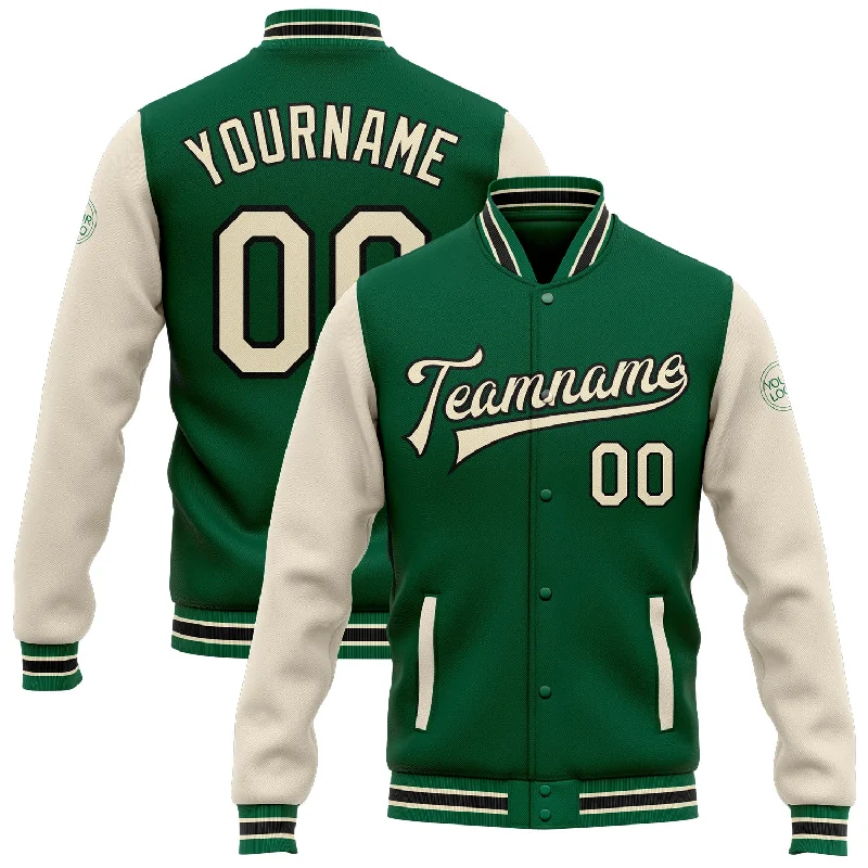 One Size Kelly Green Cream-Black Bomber Full-Snap Varsity Letterman Two Tone Jacket