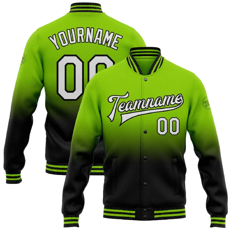 One Size Neon Green White-Black Bomber Full-Snap Varsity Letterman Fade Fashion Jacket