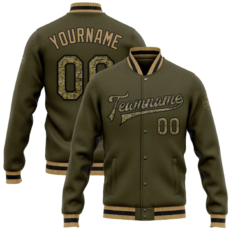 One Size Olive Camo Black-Old Gold Bomber Full-Snap Varsity Letterman Salute To Service Jacket