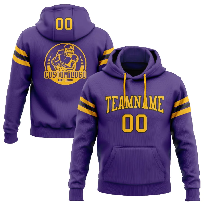 One Size Stitched Purple Gold-Black Football Pullover Sweatshirt Hoodie