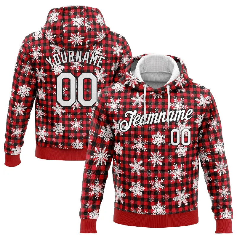 One Size Stitched Red White-Black 3D Christmas Plaid And Snow Sports Pullover Sweatshirt Hoodie