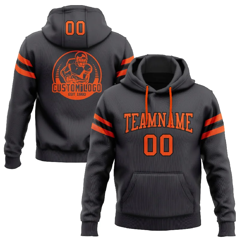 One Size Stitched Steel Gray Orange-Black Football Pullover Sweatshirt Hoodie