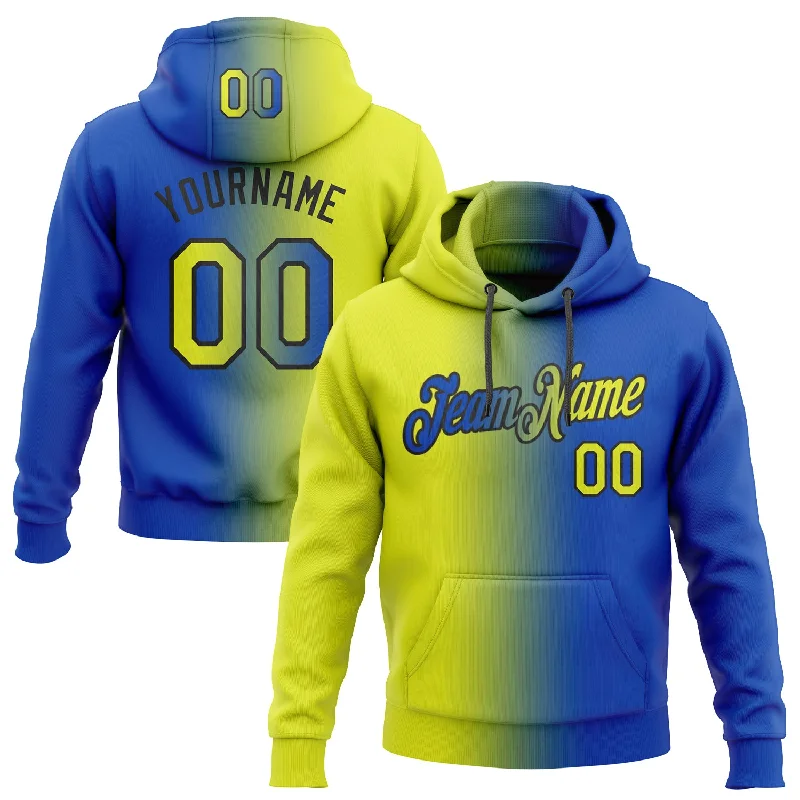 One Size Stitched Thunder Blue Neon Yellow-Black Gradient Fashion Sports Pullover Sweatshirt Hoodie