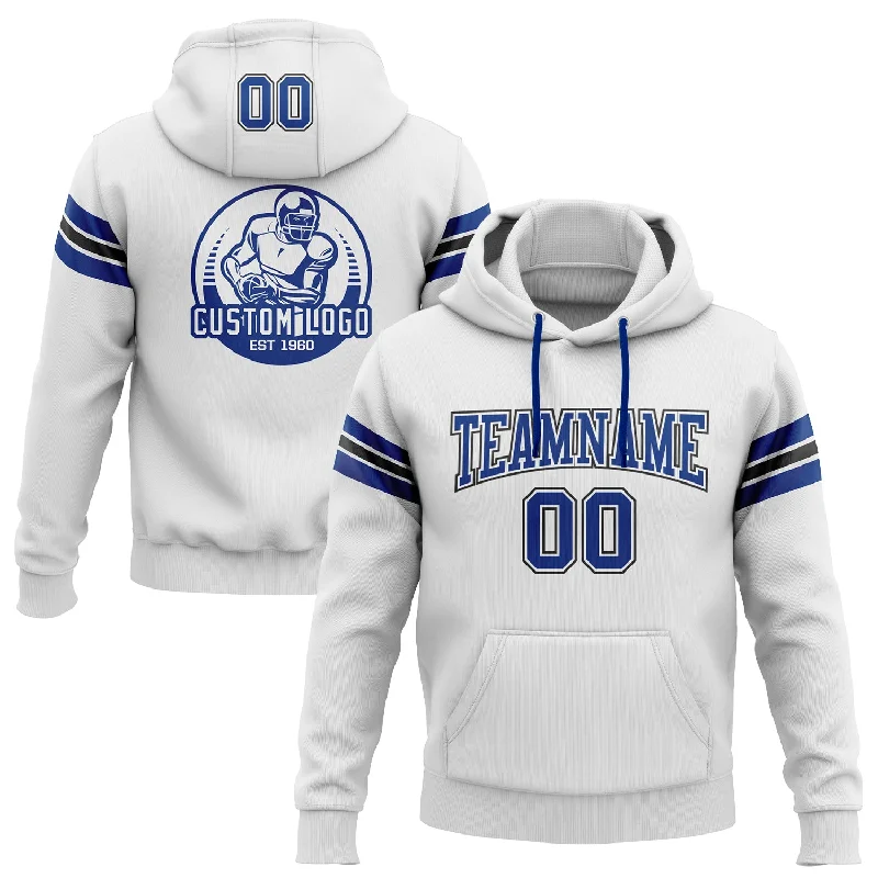 One Size Stitched White Royal-Black Football Pullover Sweatshirt Hoodie