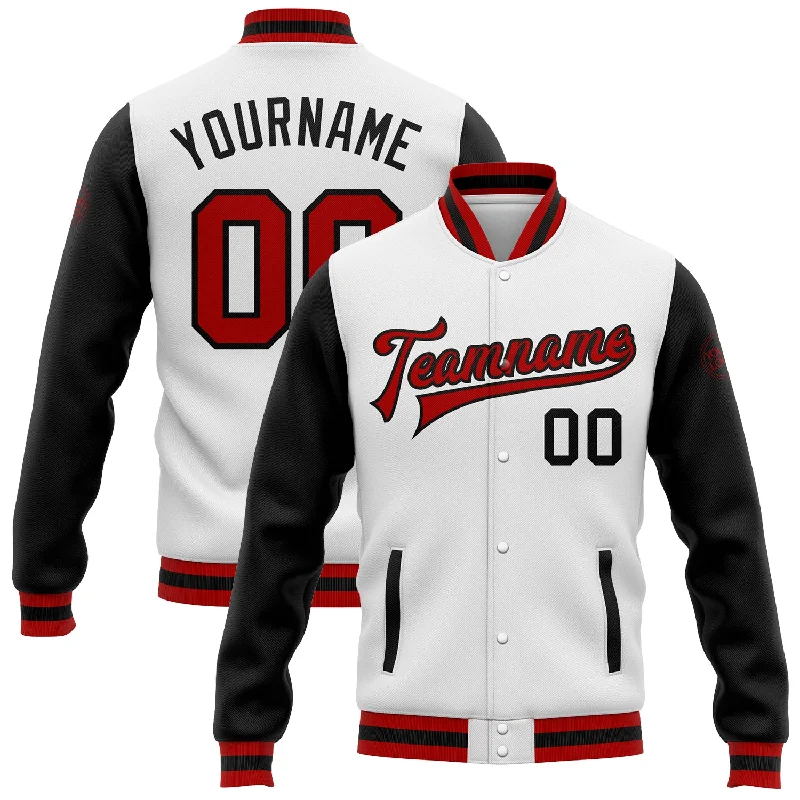 One Size White Red-Black Bomber Full-Snap Varsity Letterman Two Tone Jacket