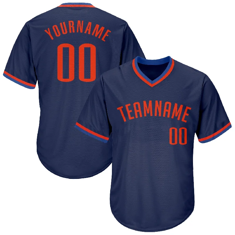 One Size Navy Orange-Blue Authentic Throwback Rib-Knit Baseball Jersey Shirt