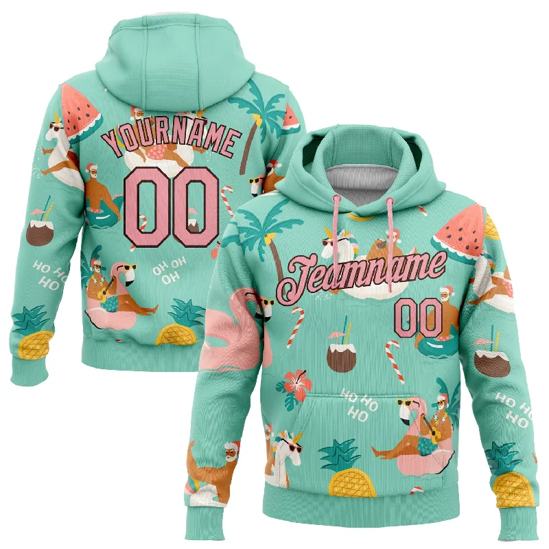 One Size Stitched Aqua Medium Pink-Brown 3D Tropical Christmas Santas With Reindeers And Flamingos Sports Pullover Sweatshirt Hoodie