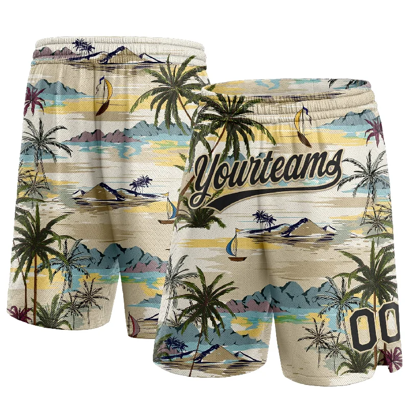 One Size Cream Black 3D Pattern Hawaii Palm Trees And Island Authentic Basketball Shorts