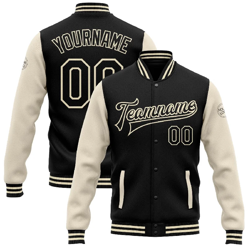 One Size Black Black-Cream Bomber Full-Snap Varsity Letterman Two Tone Jacket