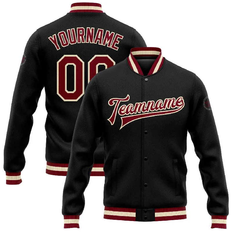 One Size Black Maroon-Cream Bomber Full-Snap Varsity Letterman Jacket