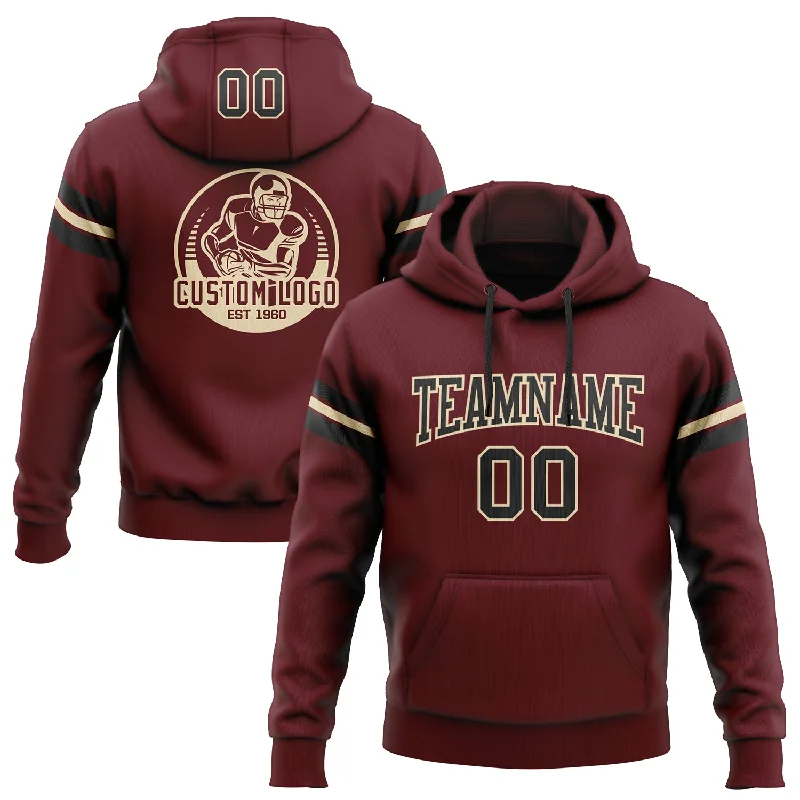 One Size Stitched Burgundy Black-Cream Football Pullover Sweatshirt Hoodie