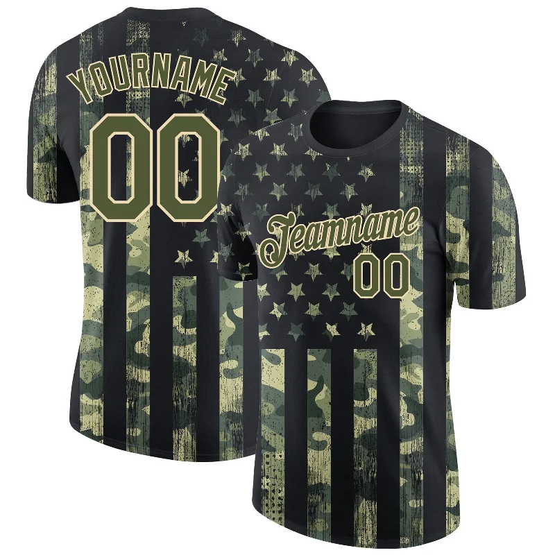 One Size Camo Olive-Cream 3D American Flag Fashion Performance Salute To Service T-Shirt