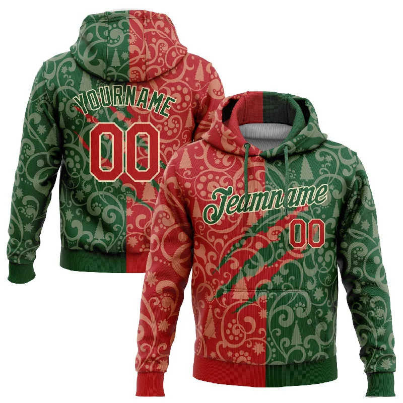 One Size Stitched Green Red-Cream 3D Christmas Sports Pullover Sweatshirt Hoodie