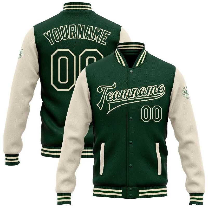 One Size Green Green-Cream Bomber Full-Snap Varsity Letterman Two Tone Jacket