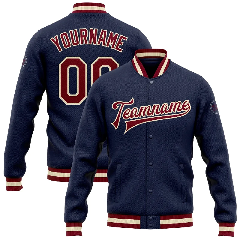 One Size Navy Maroon-Cream Bomber Full-Snap Varsity Letterman Jacket