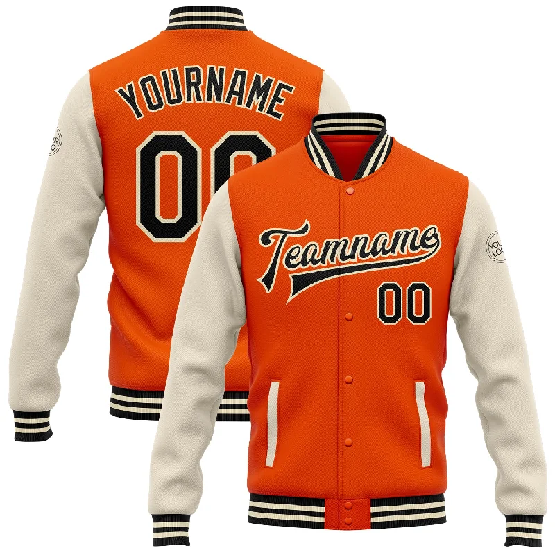 One Size Orange Black-Cream Bomber Full-Snap Varsity Letterman Two Tone Jacket