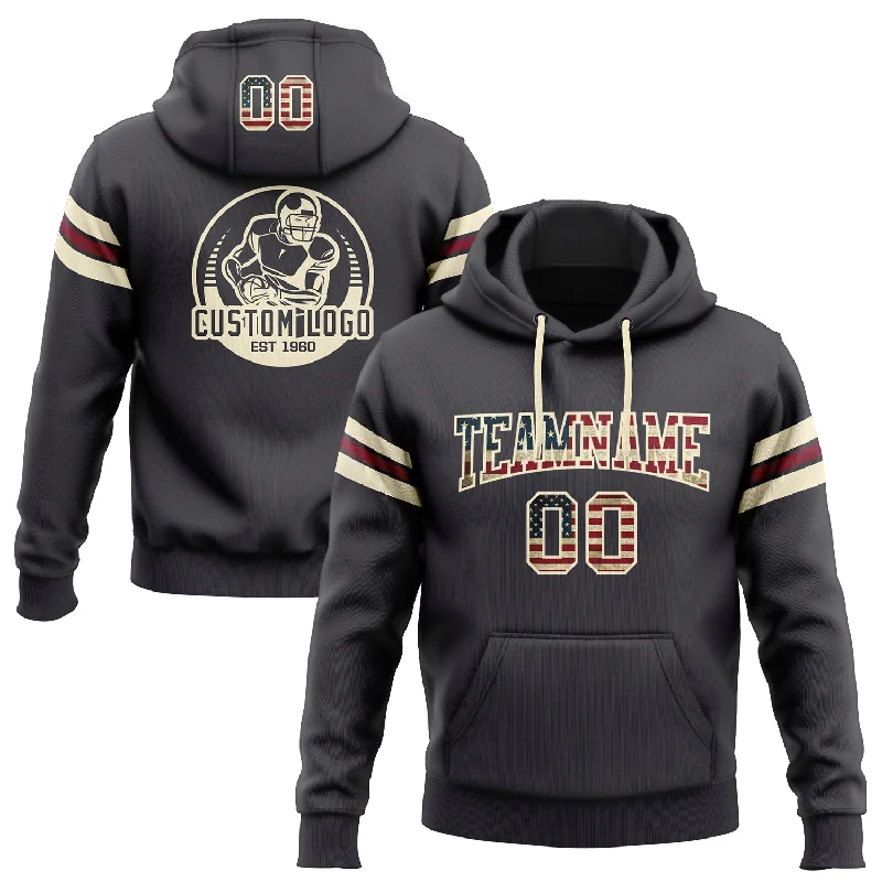 One Size Stitched Steel Gray Vintage USA Flag Cream-Crimson Football Pullover Sweatshirt Hoodie