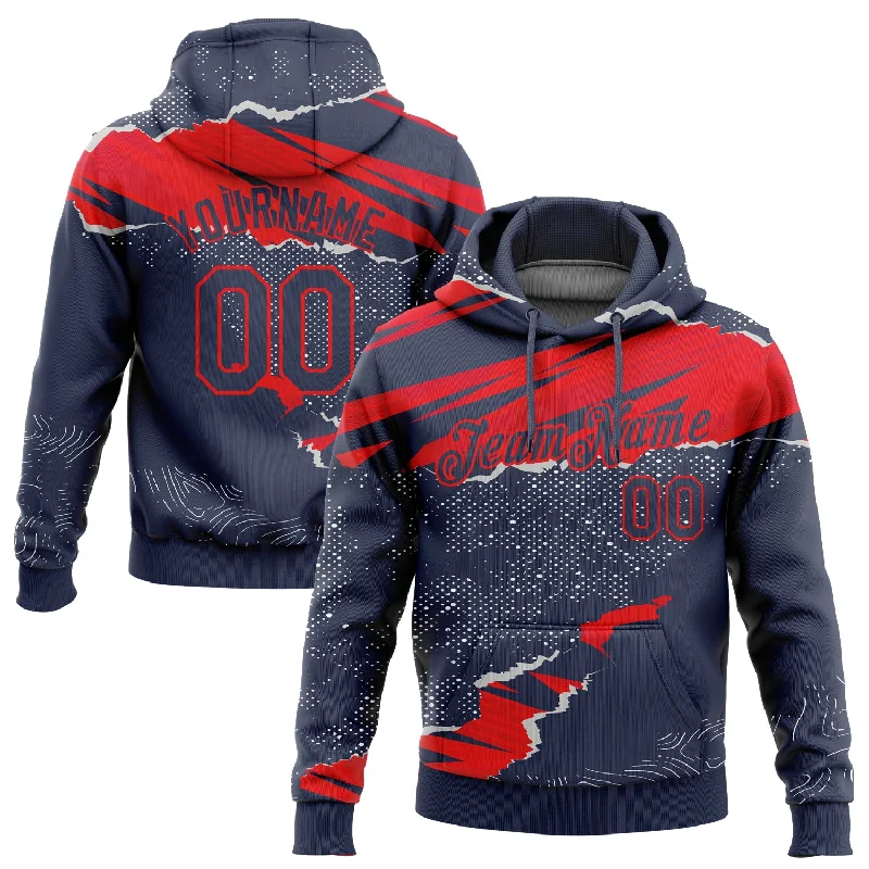 One Size Stitched Navy Fire Red 3D Pattern Design Torn Paper Style Sports Pullover Sweatshirt Hoodie