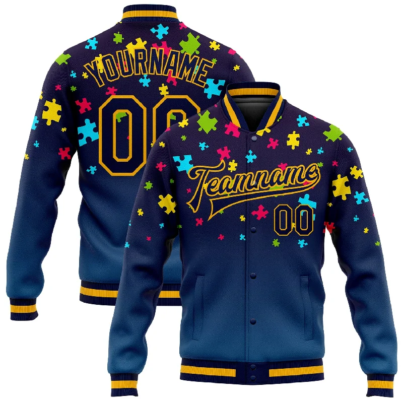 One Size Autism Awareness Puzzle Pieces Navy-Gold 3D Bomber Full-Snap Varsity Letterman Jacket