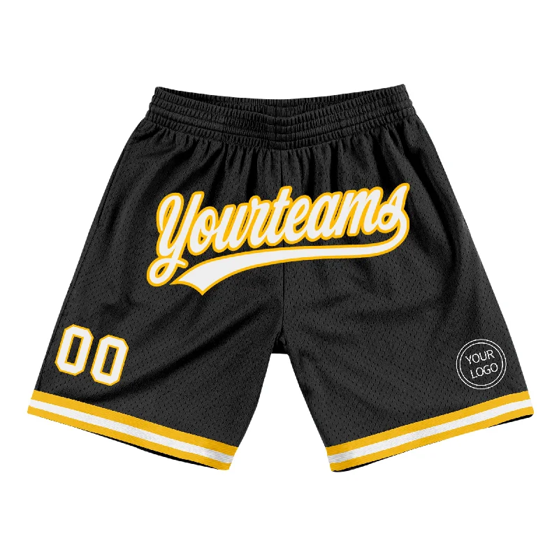 One Size Black White-Gold Authentic Throwback Basketball Shorts