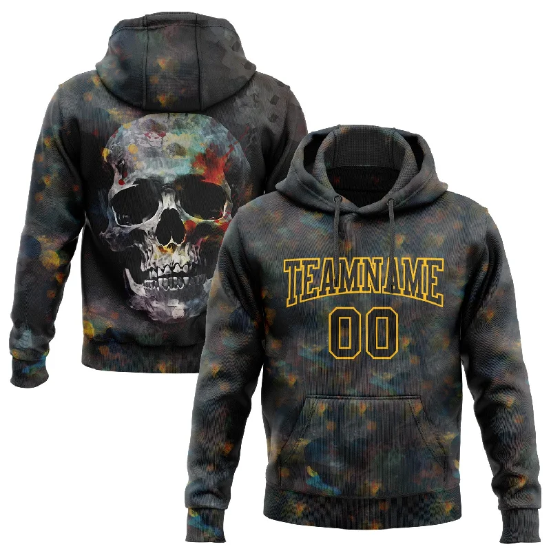 One Size Stitched Black Gold 3D Skull Fashion Sports Pullover Sweatshirt Hoodie