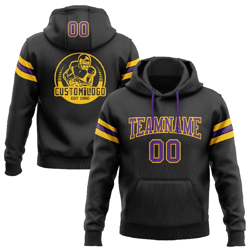 One Size Stitched Black Purple-Gold Football Pullover Sweatshirt Hoodie