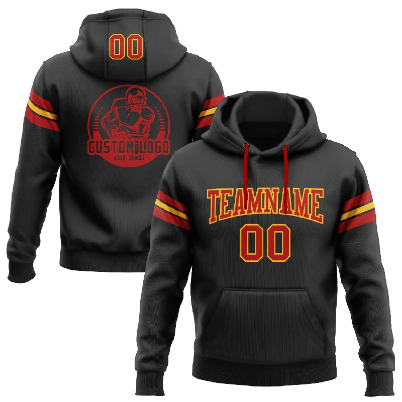 One Size Stitched Black Red-Gold Football Pullover Sweatshirt Hoodie