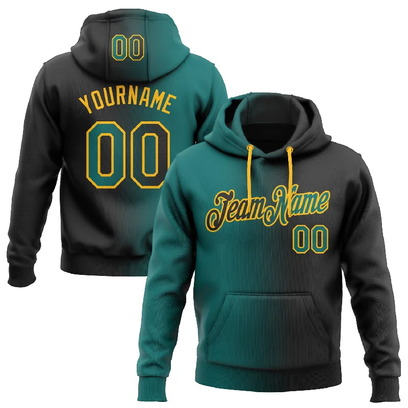 One Size Stitched Black Teal-Gold Gradient Fashion Sports Pullover Sweatshirt Hoodie