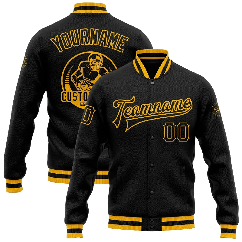 One Size Black Black-Gold Bomber Full-Snap Varsity Letterman Jacket