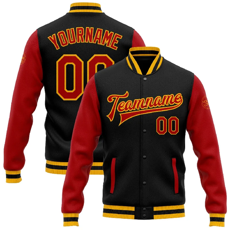 One Size Black Red-Gold Bomber Full-Snap Varsity Letterman Two Tone Jacket