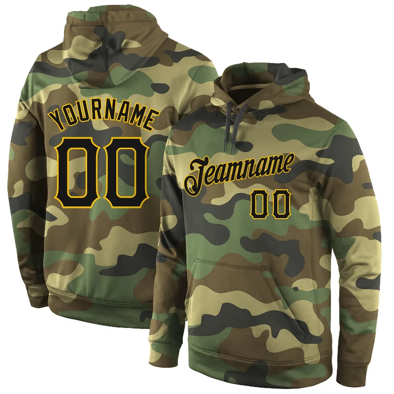 One Size Stitched Camo Black-Gold Sports Pullover Sweatshirt Salute To Service Hoodie