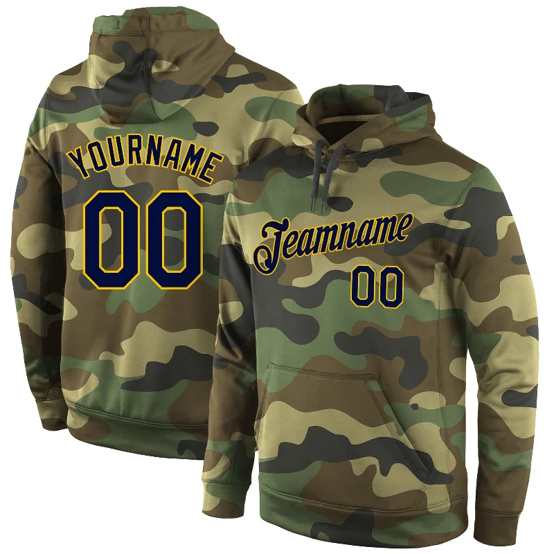 One Size Stitched Camo Navy-Gold Sports Pullover Sweatshirt Salute To Service Hoodie