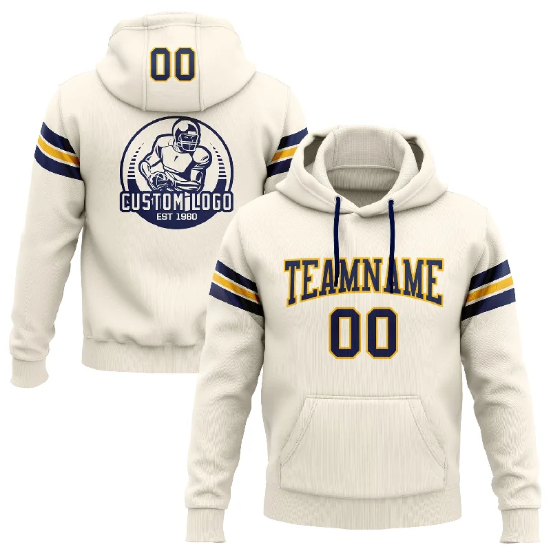 One Size Stitched Cream Navy-Gold Football Pullover Sweatshirt Hoodie