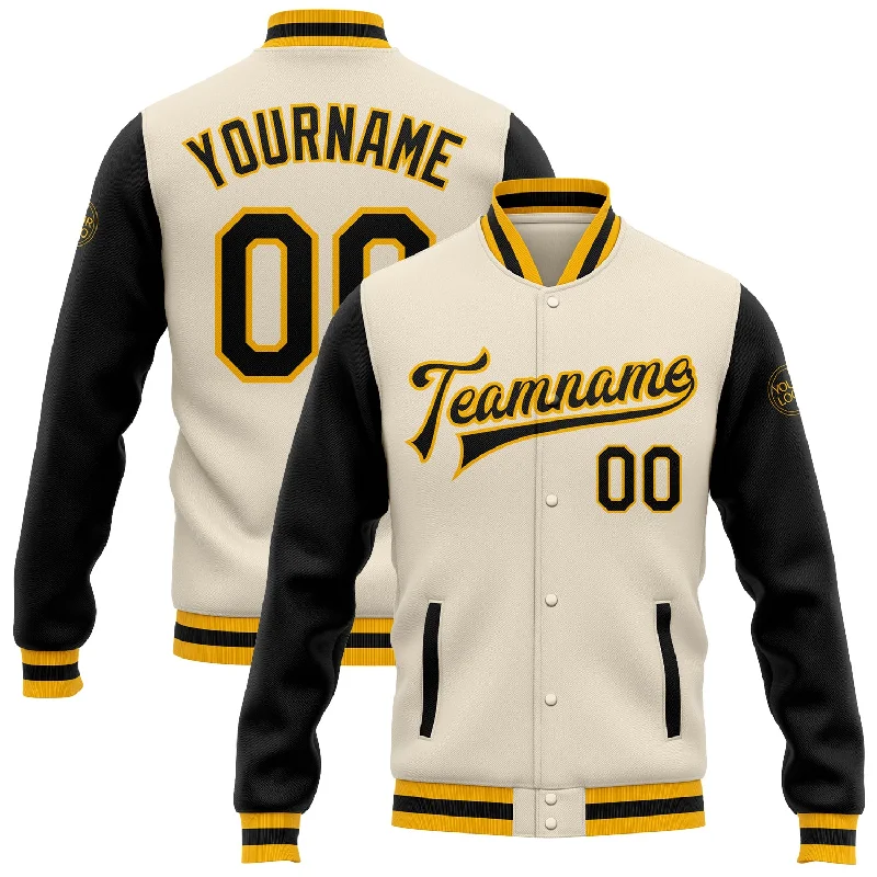 One Size Cream Black-Gold Bomber Full-Snap Varsity Letterman Two Tone Jacket