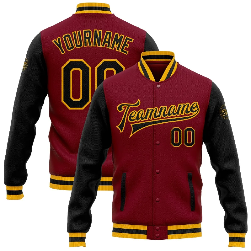 One Size Crimson Black-Gold Bomber Full-Snap Varsity Letterman Two Tone Jacket