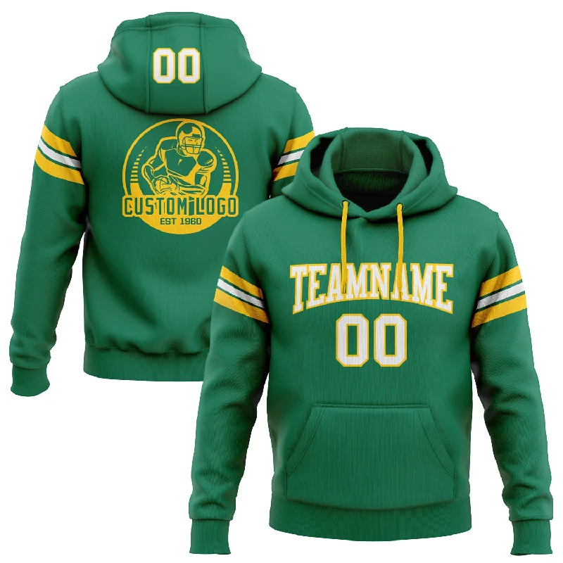 One Size Stitched Kelly Green White-Gold Football Pullover Sweatshirt Hoodie