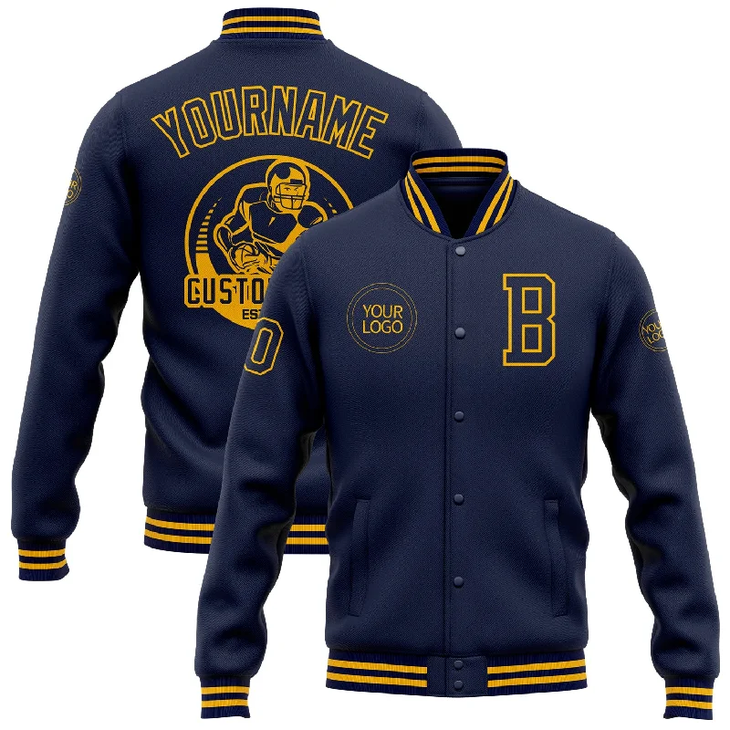 One Size Navy Gold Bomber Full-Snap Varsity Letterman Jacket