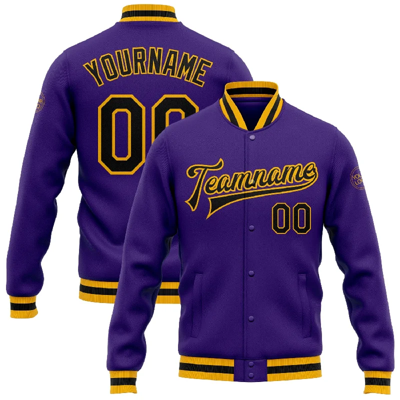 One Size Purple Black-Gold Bomber Full-Snap Varsity Letterman Jacket