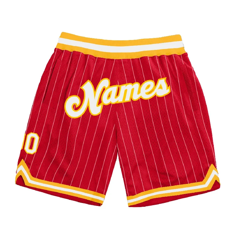 One Size Red White Pinstripe White-Gold Authentic Basketball Shorts