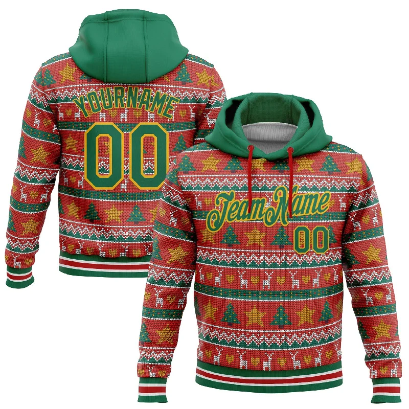 One Size Stitched Red Kelly Green-Gold 3D Christmas Sports Pullover Sweatshirt Hoodie