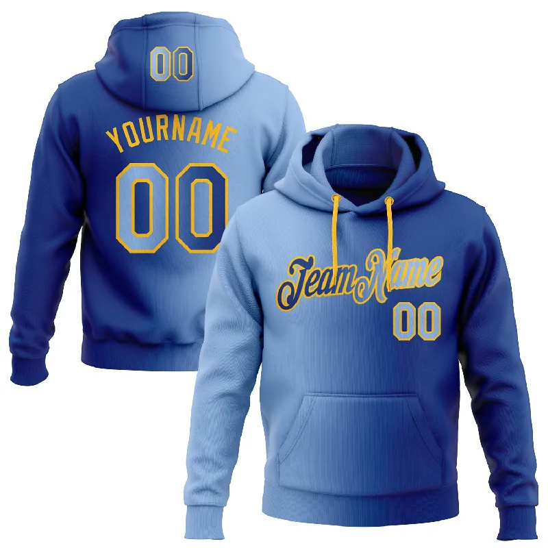 One Size Stitched Royal Light Blue-Gold Gradient Fashion Sports Pullover Sweatshirt Hoodie