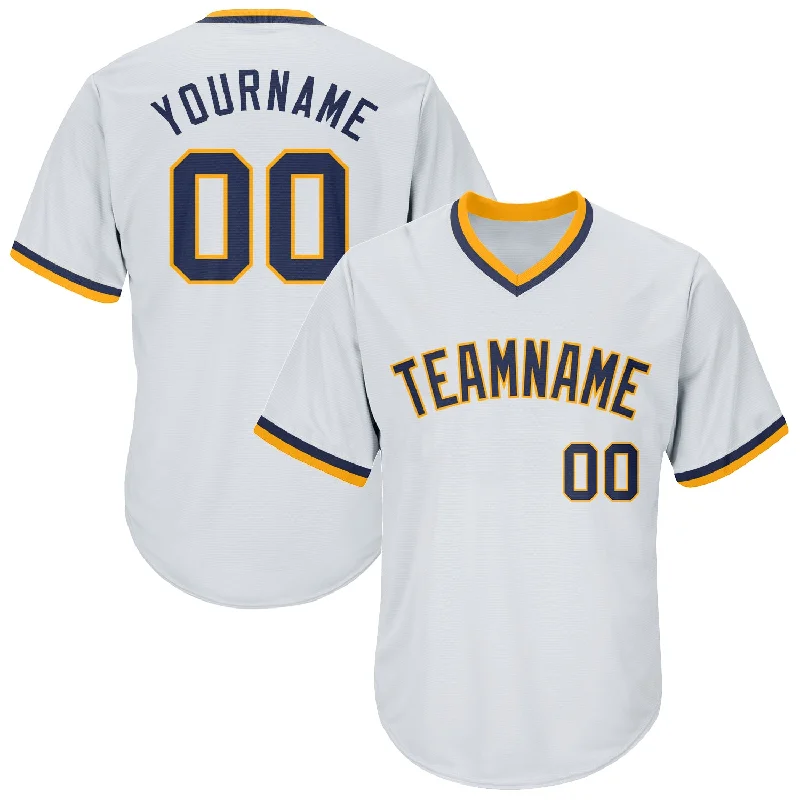 One Size White Navy-Gold Authentic Throwback Rib-Knit Baseball Jersey Shirt